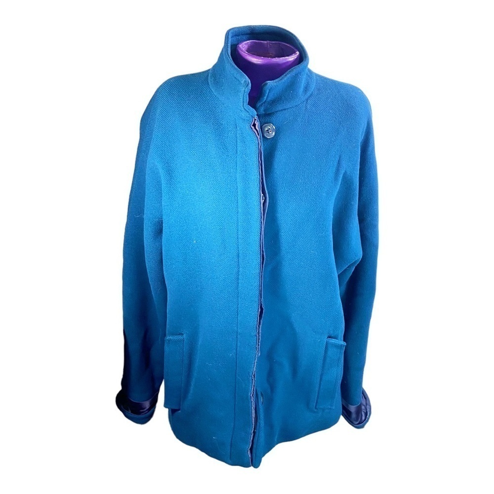 Handmade blue button up lined fall winter coat 22” pit to pit